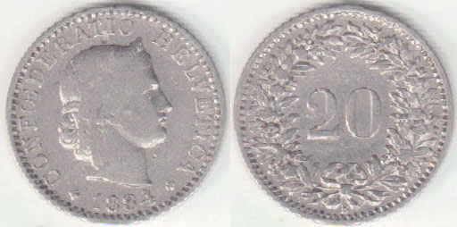 1884 Switzerland 20 Rappen A005413*